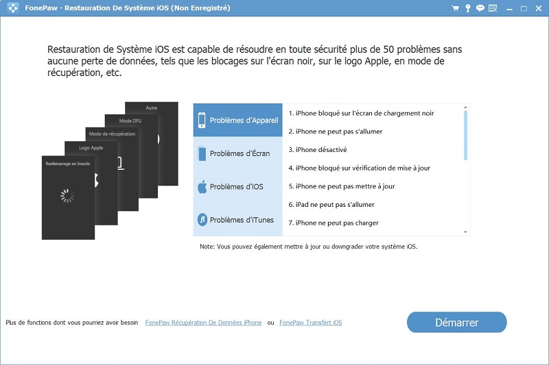 Interface princiale de Passvers Restauration De Système iOS