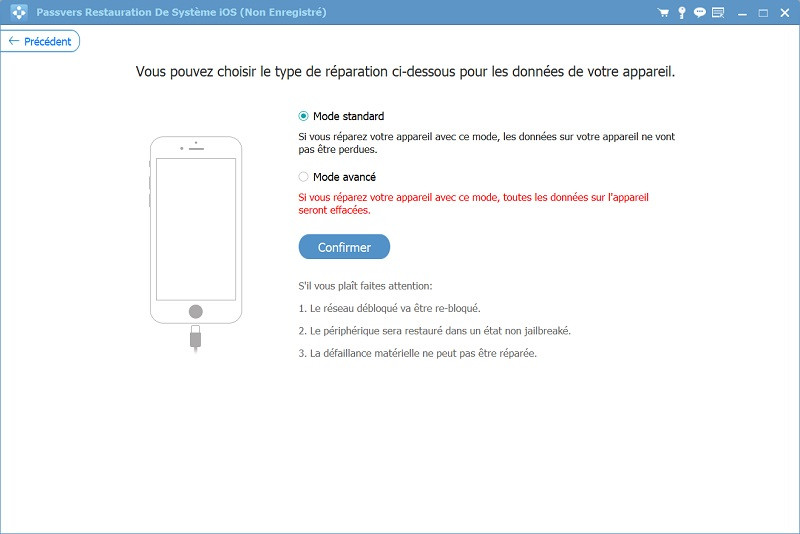 Choisir un mode de réparation pour downgrader iOS