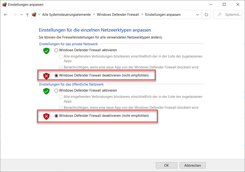 Einstellungen Anpassungen der Defender-firewall