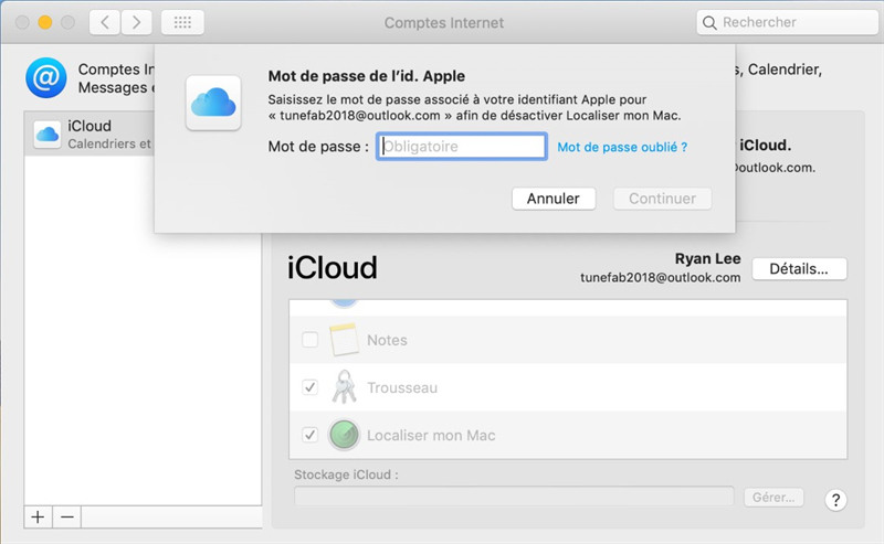 Entrer le mot de passe pour supprimer le compte iCloud sur Mac