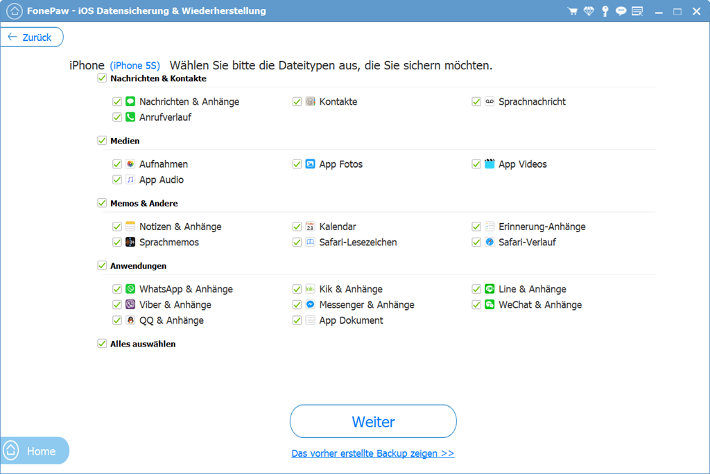 iPhone Dateien zum Backup auswählen