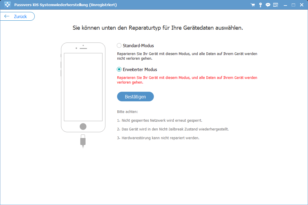 iOS wiederherstellen ohne iTunes Erweiterer Modus