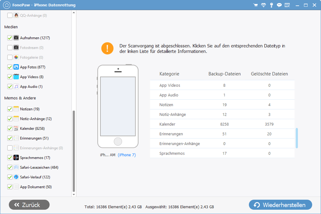 Scannen vom iTunes-Backup ist fertig