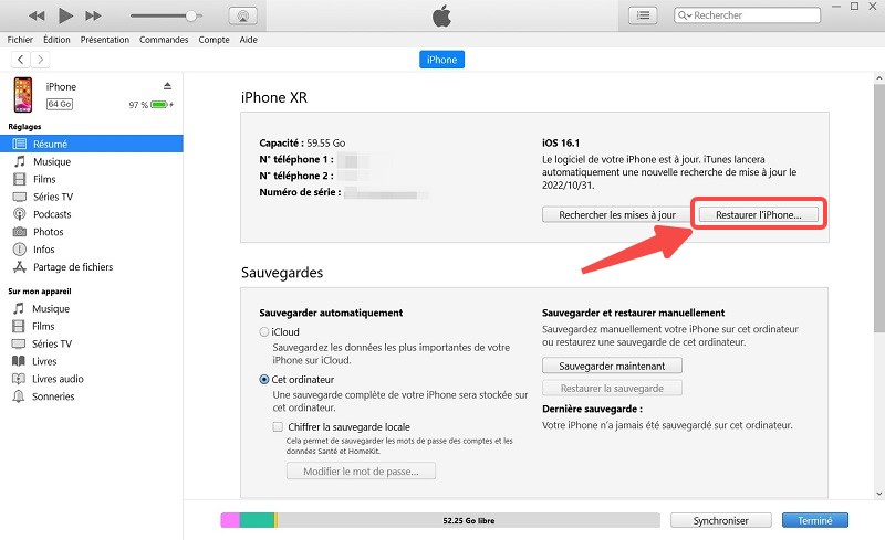 Restaurer iPhone avec iTunes pour downgrader iOS