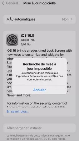Recherche de mise à jour impossible d’iOS 16