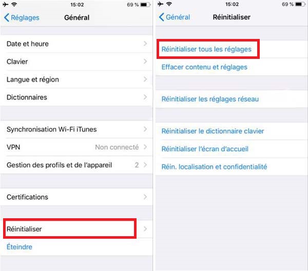 Réinitialiser tous les réglages iPhone