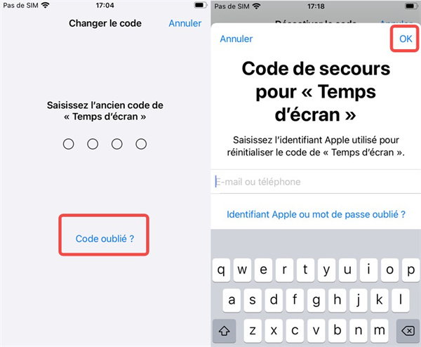 Saisir Apple ID et son mot pour modifier le code du Temps d'écran
