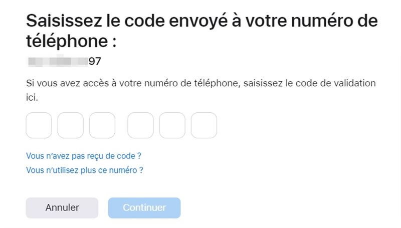 Saisir le code envoyé à votre téléphone