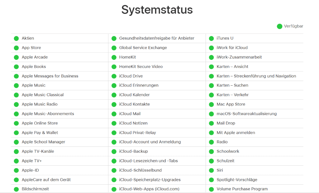 Apple Systemstatus überprüfen