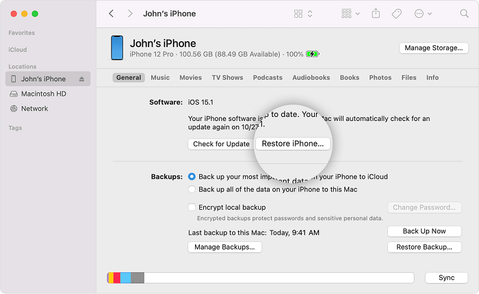 Click Restore iPhone on Finder