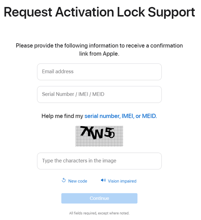 Fill Out Request for Activation Lock Support