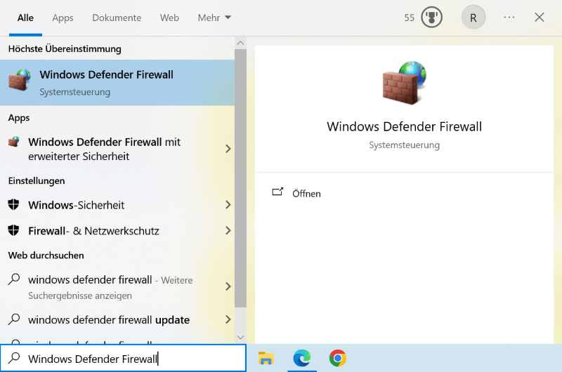 nach „Windows Defender Firewall“ suchen