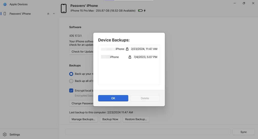 Manage Backup on Apple Devices App