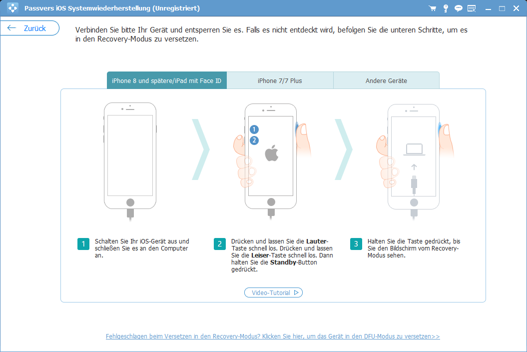 Passvers iSR zeigt die Anleitung, wie Sie Ihr iPhone in den Recorvery Modus versetzen