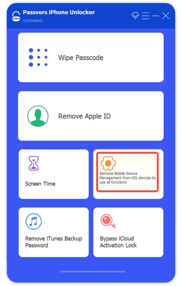 Select MDM Removal Tool in Passvers iPhone Unlocker