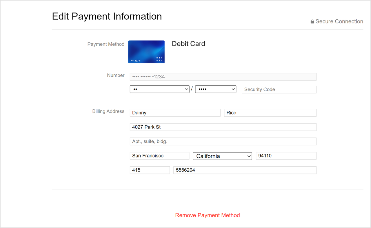 Remove payment method on Windows