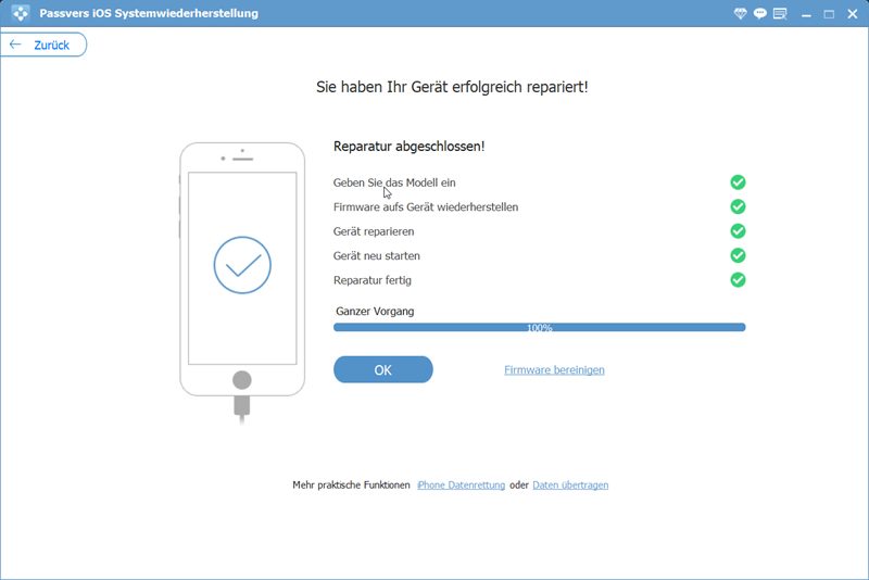 Reparatur abgeschlossen auf Passvers iOS Systemwiederherstellung